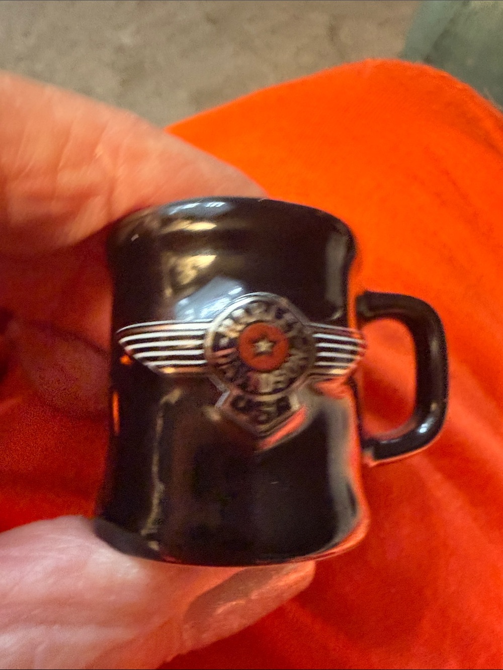 Harley-Davidson Black Mini Mug with Orange Accent 1” high 5/8 “ around.